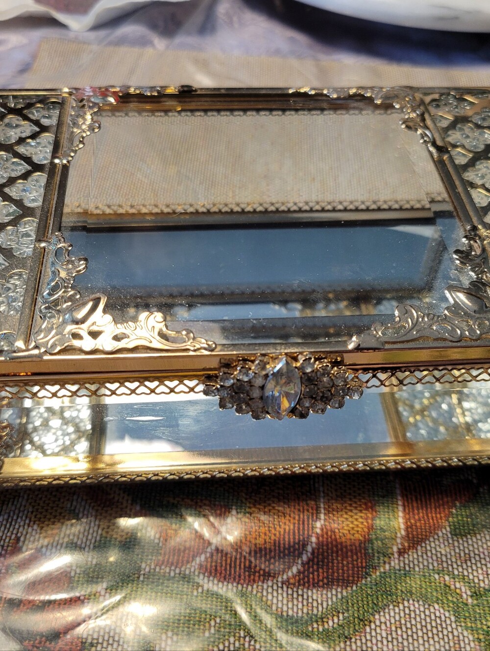 Gorgeous Ornate and Gold Jewelry Trinket Box with Crystal Accent